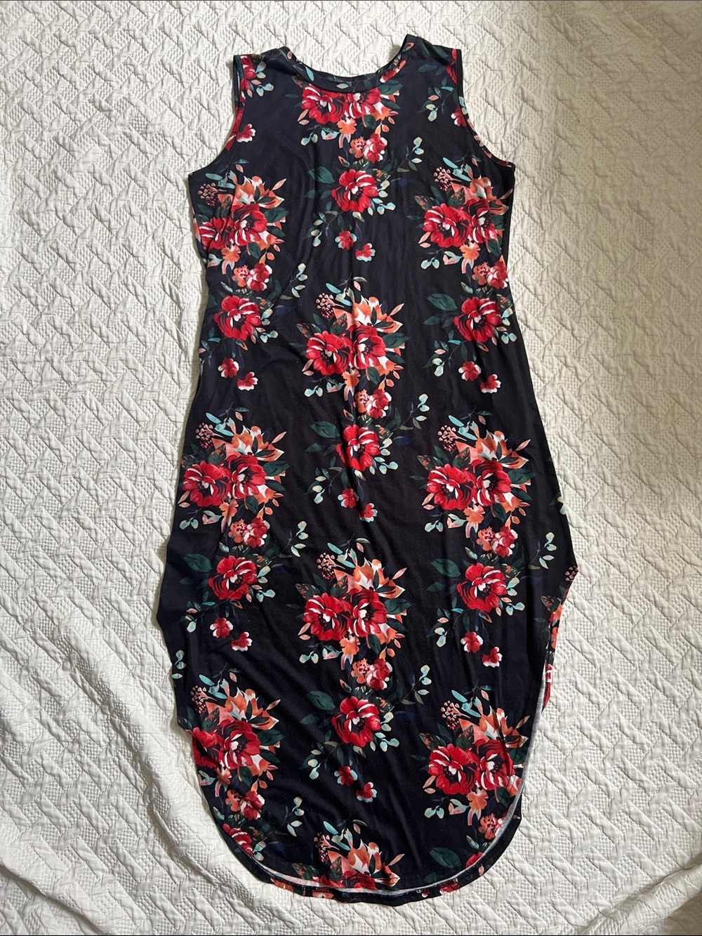 Anrabess Floral Maxi Pocket Dress in Black with Red - XL